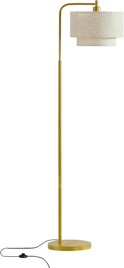 64" Modern Floor Lamp for Living Room Bedroom, Arc Floor Lamp with 3 Color Temperatures, Standing Lamp with Double Oatmeal Linen Lampshade, Tall Lamp with A19 12W LED Bulb, Foot Switch Control, Gold