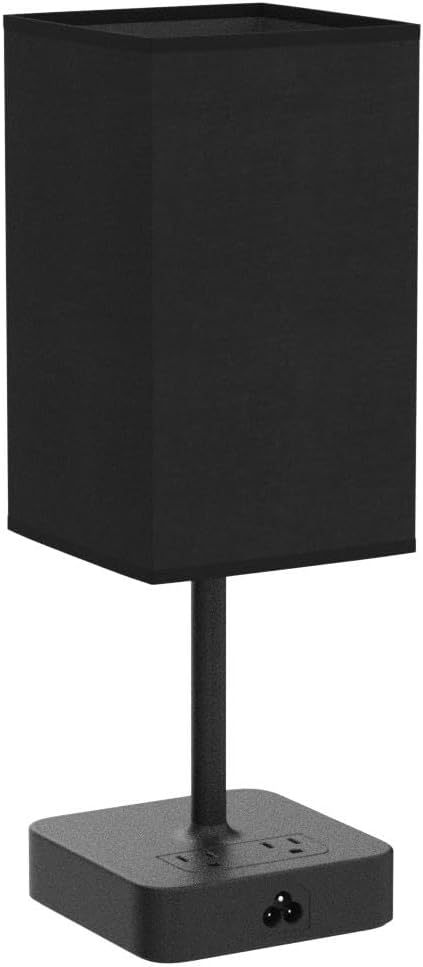 Bedside Table Lamp with Touch Control & USB C+A Charging Ports LED Desk Lamp with 2 AC Outlets, Minimalist Nightstand Light with Black Fabric Shade for Bedroom, Living Room, Office, Black