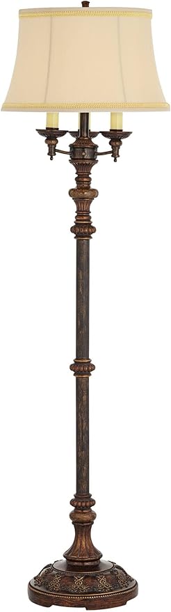 Barnes and Ivy Traditional Italian Standing Floor Lamp Candelabra Style 4-Light 64.5" Tall Bronze Brown Gold Bell Shade with Trim Decor for Living Room Reading House Bedroom Family Home