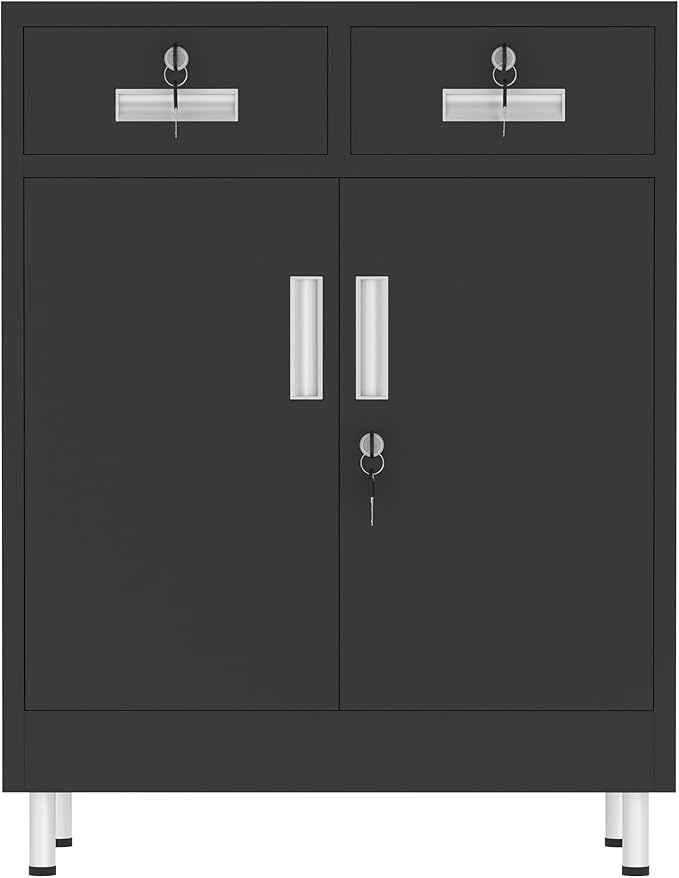 Metal Storage Cabinet with Locking Doors and 2 Drawers, Lockable Storage