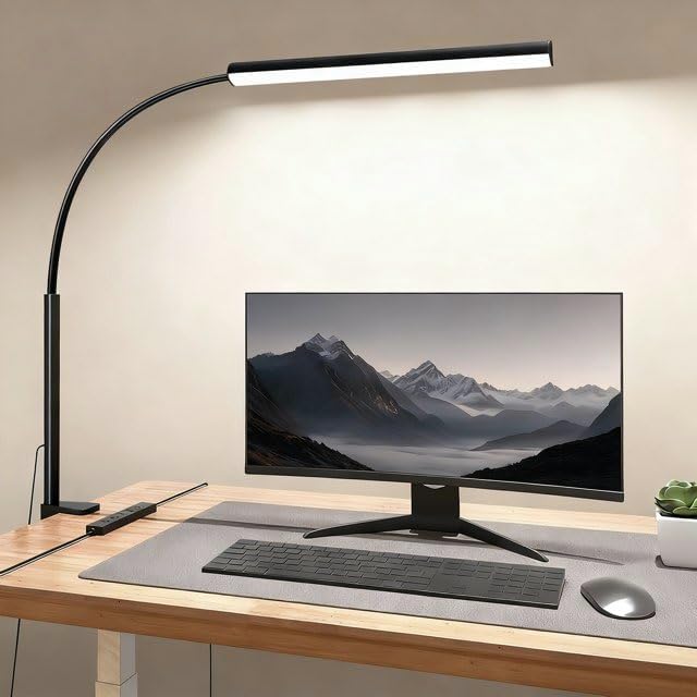 LED Desk Lamp with Clamp, Eye-Protection Clip on Desk Lamp, 5 Modes 10 Brightness Adjustment, 360°Flexible Gooseneck Lamp for Home Office, Lamps with USB Adapter,Black