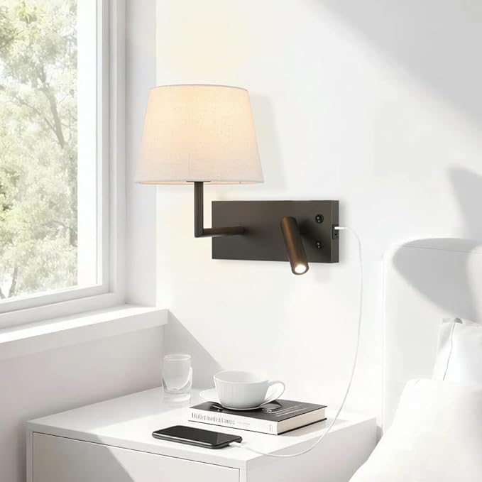 XiNBEi Lighting Hardwired Wall Sconce with LED Reading Lamp, Bedroom Wall Lamp with USB Port & Switch Rotatable Wall Light with Linen Fabric Shade for Bedside Living Room, Dark Bronze XB-W462-LED-DB
