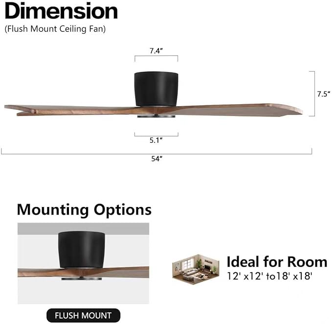 WINGBO 54" Flush Mount DC Ceiling Fans without Lights, 5 Carved Solid Wood