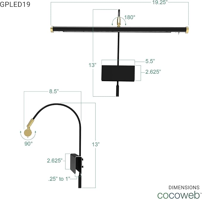 Cocoweb 19" LED Grand Piano Light in Black with Satin Nickel Accents with Dimmer Clip