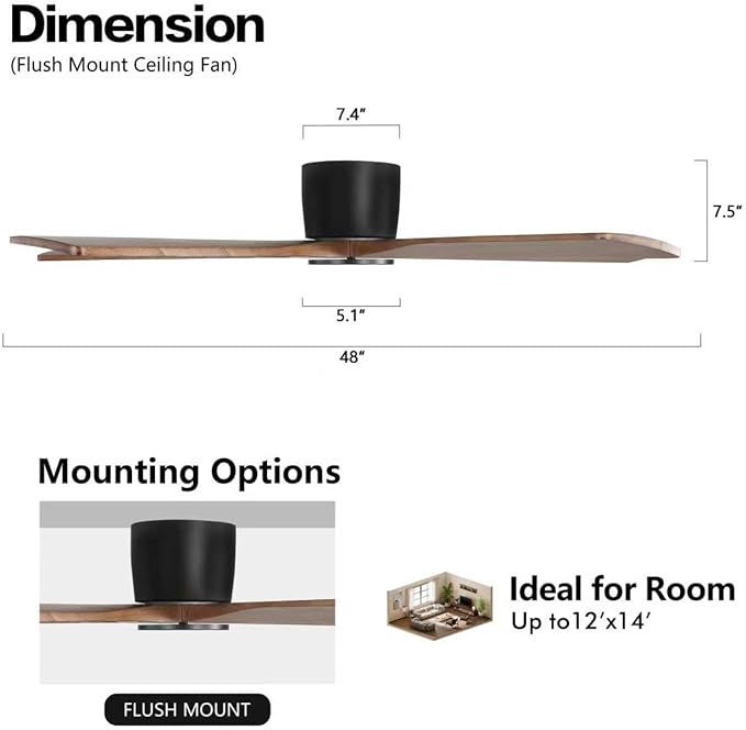 WINGBO 48" Flush Mount DC Ceiling Fans without Lights, 5 Carved Solid Wood