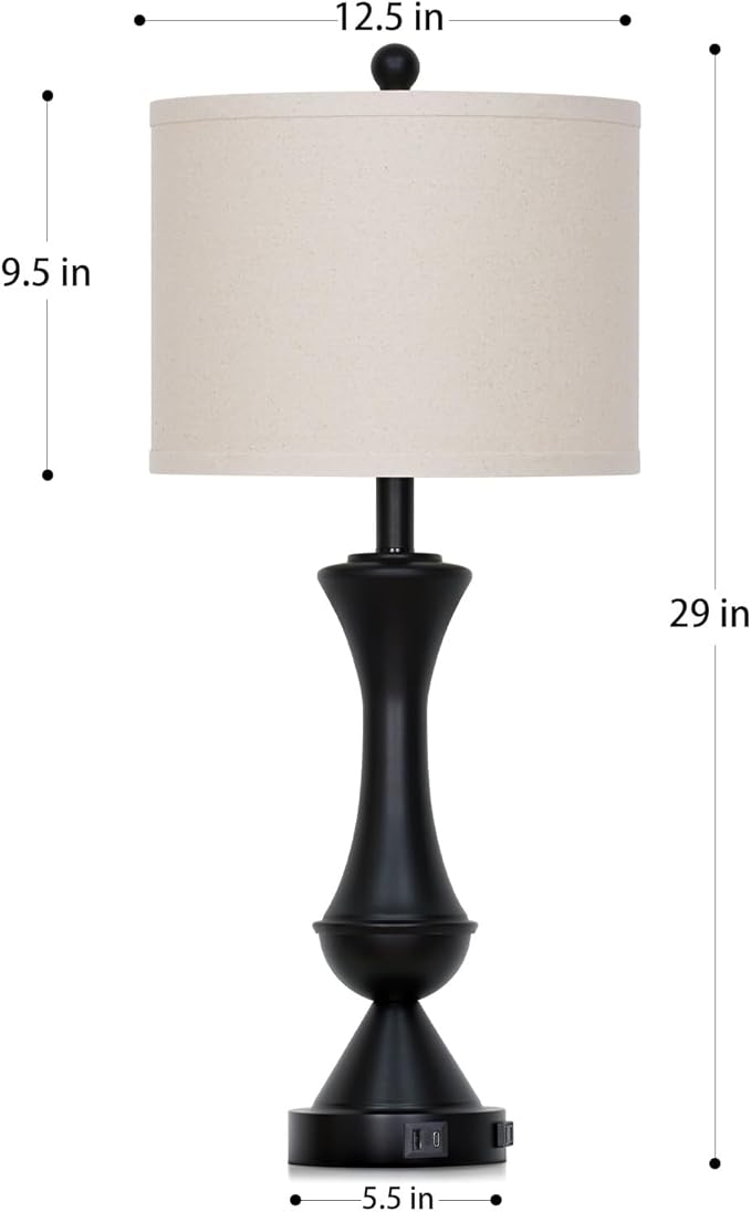 29" Black Tall Table Lamps for Living Room, Touch Control Bedroom Lamp with USB A+C Ports, 3-Way Dimmable Bedside Table Lamps Set of 2, Modern Metal Lamp for Nightstand