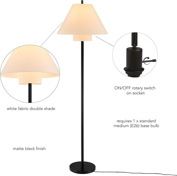 GLOBE Electric 61000170 62" Floor Lamp, Matte Black, White Fabric Double Shade, On/Off Rotary Switch on Socket, 5-Foot Black Cord, 1-Light, 60W E26/Medium Base Bulb