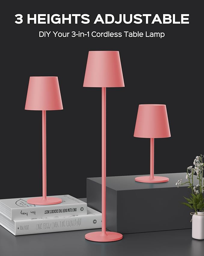 Cordless Table Lamps Rechargeable, 3 Adjustable Height, 5000mAh Battery Operated, 3 Colors Smooth Dimming, Portable LED Waterproof Table Lamp for Dining, Bedroom, Outdoor (2 Pack-Girly Pink)