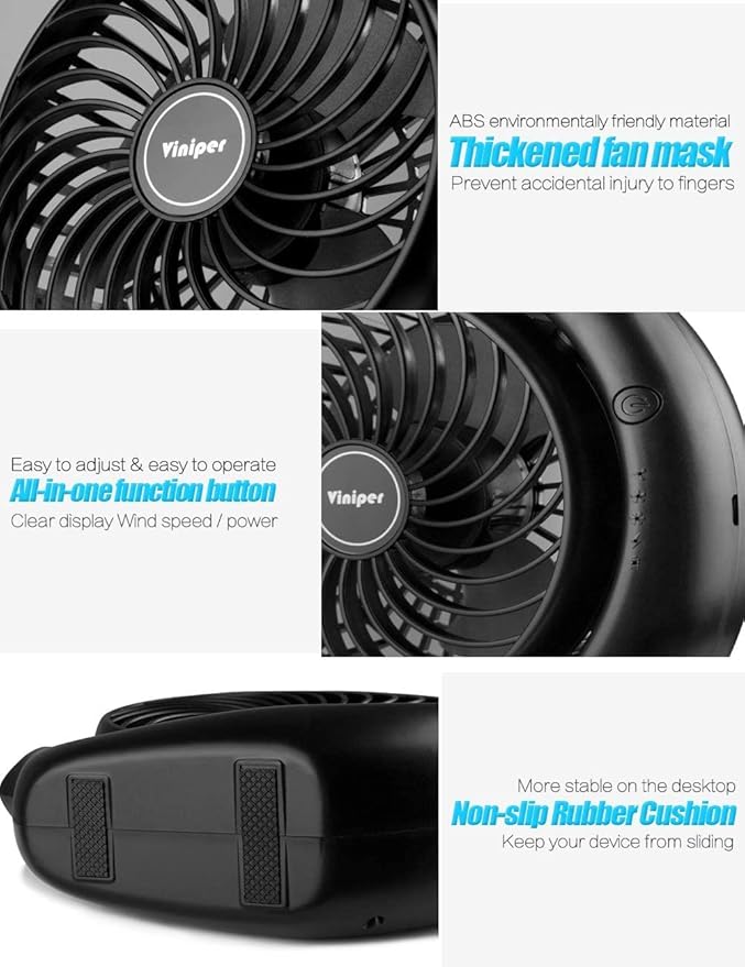Viniper Portable Rechargeable Fan, Small Desk Fan : 3 Speeds & 8-24 Hours