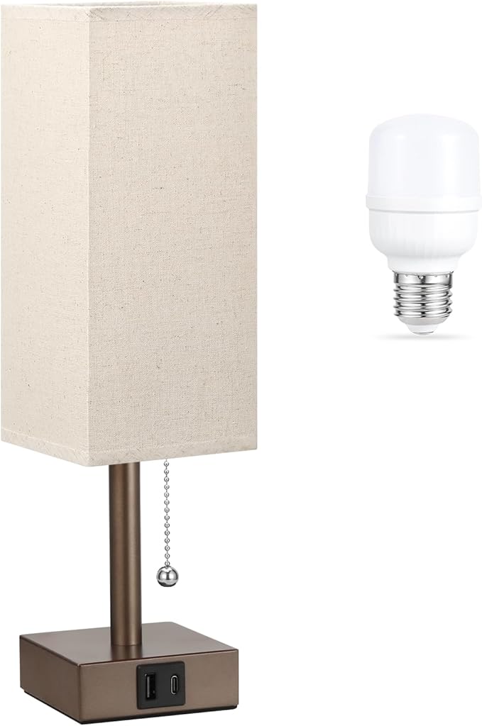 aooshine Beige Small Table Lamp for Bedroom - 3 Color Temperature 3000K 5000K 4000K Bedside Lamp, Pull Chain Control, USB A and C Ports, Brown Base, Bulb Included