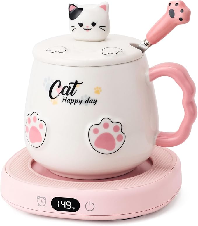Bsigo Smart Coffee Mug Warmer & Cute Cat Mug Set, Coffee Beverage Cup Warmer