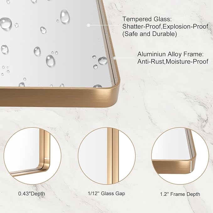 LOAAO 22”X30” Gold Bathroom Mirror, Rounded Rectangle Gold Frame Mirror
