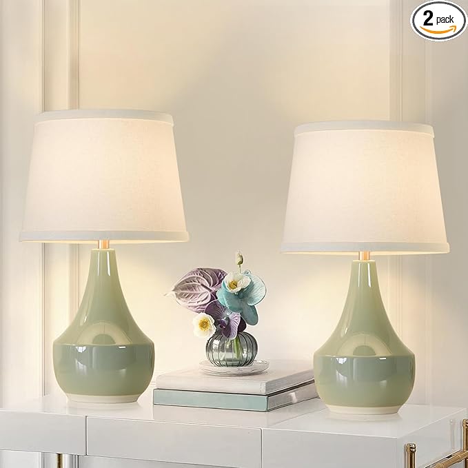 GyroVu Table Lamp Set of 2, 18.63” Ceramic Table Lamp Classic Beside Lamps Nightstand Lamp Modern Lamp for Living Room, Bedroom & Office Rocker Swtich Sage Green-LED Bulbs Included