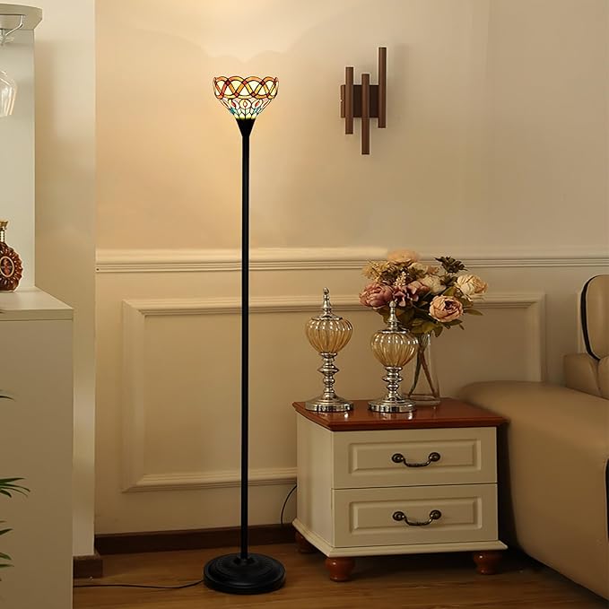 Tiffany Floor Lamp Torchiere Antique Stained Glass Lamp Yellow Peacock Tail Style Standing Light Tall Uplight Lamp for Home Decorating Reading Working