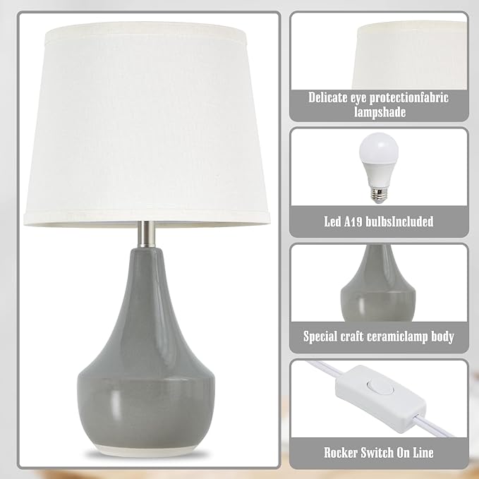 GyroVu Table Lamp Set of 2, 18.63” Ceramic Table Lamp Classic Beside Lamps Nightstand Lamp Modern Lamp for Living Room, Bedroom & Office Rocker Swtich Grey-LED Bulbs Included