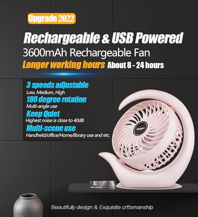 Viniper Battery Operated Fan, Usb Desk Fan : 180° Rotation and 3 Speeds
