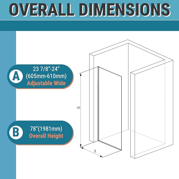 Sunrosa 24"×76" Shower Glass Panel, 8mm Thick Shower Screen, Matte Black