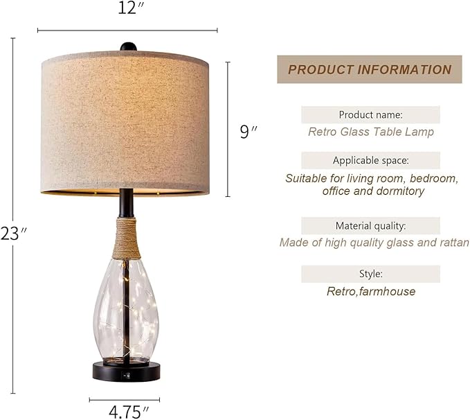 OYEARS 23" USB A+C Table Lamp for Bedroom Living Room Modern Bedside Lamps Retro Farmhouse Rattan Glass Nightstand Nightlight Lamps (Black),Two Light Points