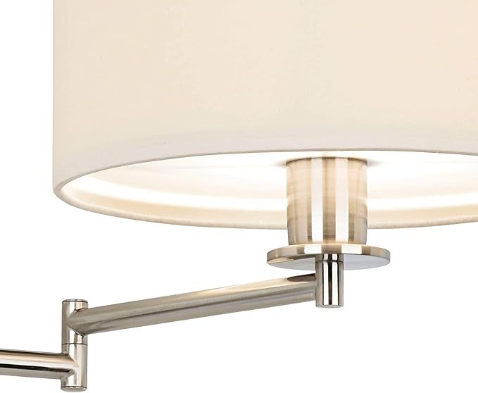 Possini Euro Design Tesoro Modern Swing Arm Wall Mounted Lamp Adjustable LED Brushed Nickel Plug-in Light Fixture Off White Drum Shade for Bedroom Bedside House Reading Living Room Home Hallway