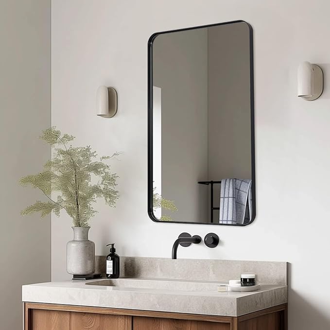 ANDY STAR Black Bathroom Mirror, 24”x40” Rounded Corner Rectangle Mirror