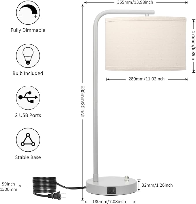 Table Lamp with USB C+A Ports, Fully Dimmable Nightstand Lamp for Living Room, Modern Grey Bedside Lamp, Tall Table Lamp with Beige Shade Minimalist Desk Lamp for Bedroom Office, LED Bulb Included