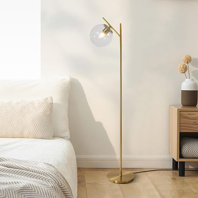 Mid Century Brass Floor Lamps Vintage Clear Standing Lamp for Living Room Modern Tall Freestanding Lamps Retro Farmhouses Globe Floor Lamp for Bedroom Office