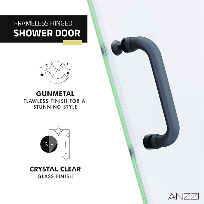 ANZZI 72" x 30" Frameless Shower Door in Gun Metal Black, Passion Water