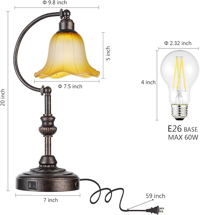 RORIA Touch Farmhouse Table Lamp for Living Room, 3-Way Dimmable Rustic Nightstand Lamp with USB A+C Ports, Vintage Retro Lamp for Bedroom End Table with Amber Glass Shade, LED Bulb Included (Bronze)