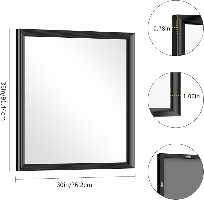 Black Bathroom Mirror 30 x 36 Inch Rectangle Wave Beveled