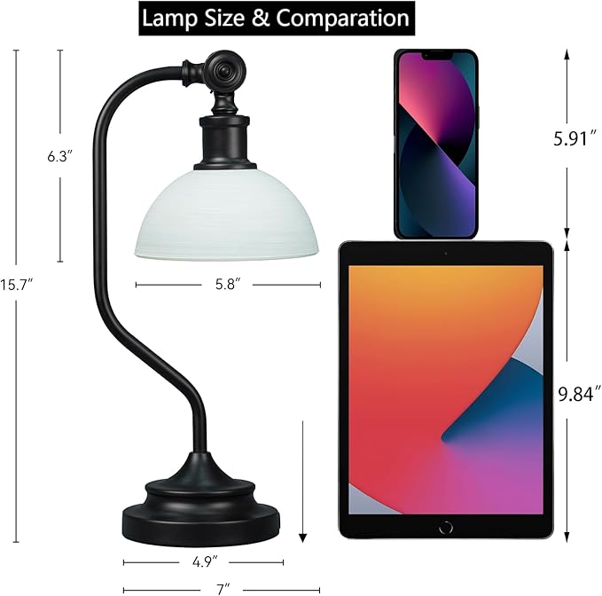 Cordless Vintage Bankers Table lamp, 5200-mAh Rechargeable Battery, 3-Level Brightness, Build-in Integrated LED 320 Lumen Max, Half-Globe Glass Shade, for Bedside Desk Nightstand Light