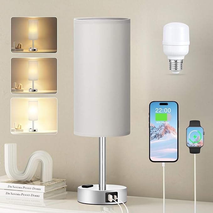Fenmzee Light Grey Table Lamp for Nightstand - 3 Way Dimmable Touch Bedside Lamp USB C and A Charging Ports and AC Outlet, Small Desk Lamp with Silver Base for Office Nursery, LED Bulb Included