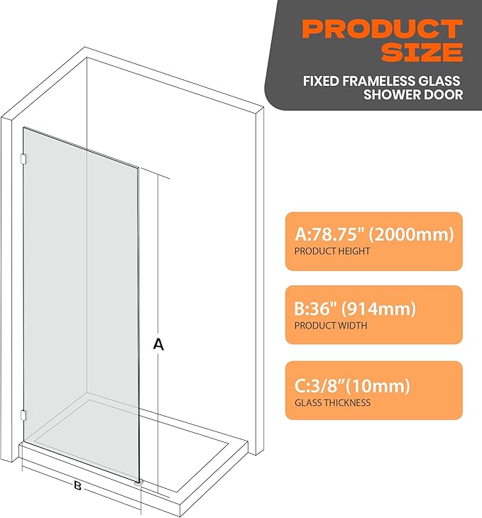 Bathroom Shower Door 36" W x 78.75" H, Frameless Fixed 3/8" Thick Clear