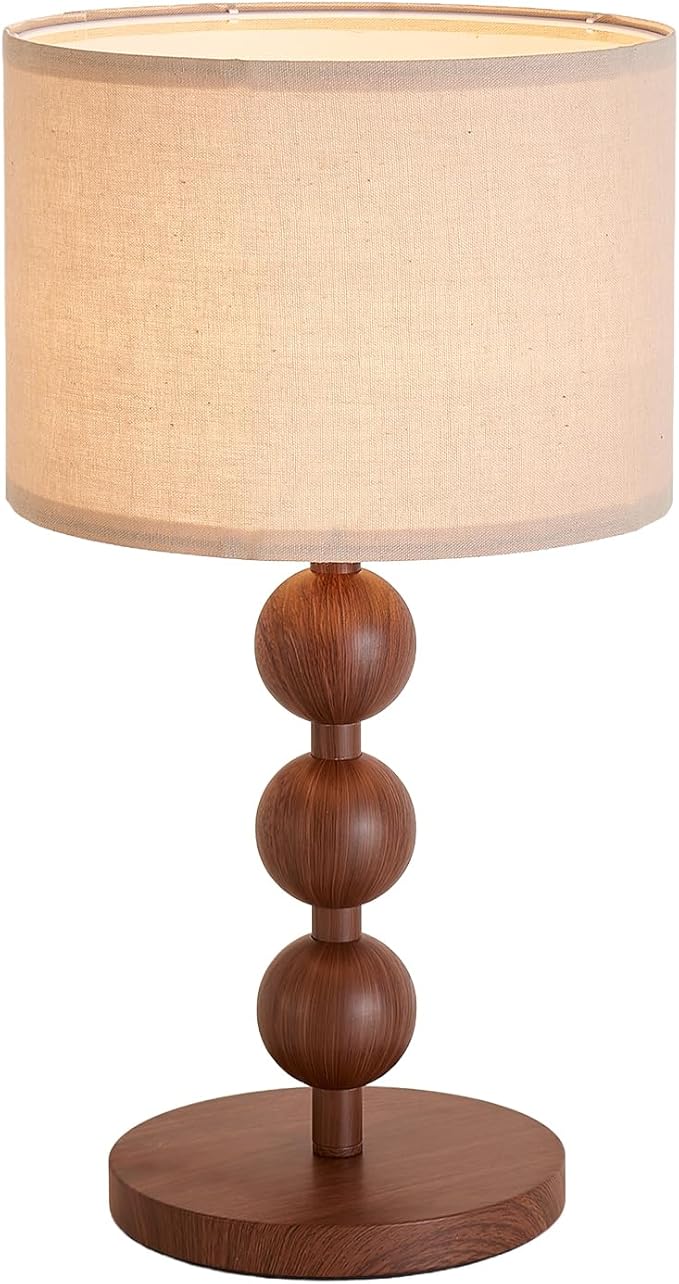 Bedside Nightstand Table Lamp for Bedroom Red Wood Pattern Iron Lamp with Fabric Shade, Mid Century Modern Farmhouse Table Lamp Desk Lamp for Living Room Home Office with LED E26 Bulb
