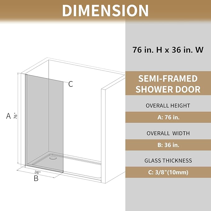 Shower Glass Wall Panel 36" W x 76" H, 3/8" Tempered Glass, Half Frameless