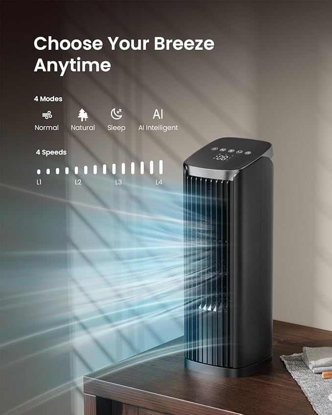PNTCK Fan for Bedroom, 4 Modes 4 Speeds Max 24ft/s, 70° Oscillating Desk Fan