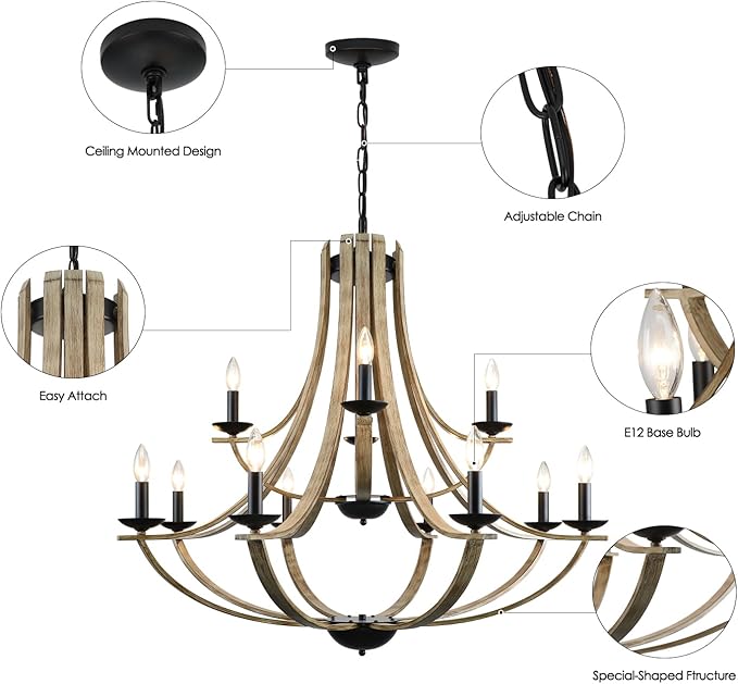 Farmhouse Chandeliers for Dining Room Light Fixture, 2 Tier 12-Light 41" Adjustable Height Retro Faux Wood Texture Rustic Light Fixtures for Living Room Bedroom Kitchen Island Foyer Entryway