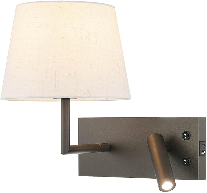 XiNBEi Lighting Hardwired Wall Sconce with LED Reading Lamp, Bedroom Wall Lamp with USB Port & Switch Rotatable Wall Light with Linen Fabric Shade for Bedside Living Room, Dark Bronze XB-W462-LED-DB