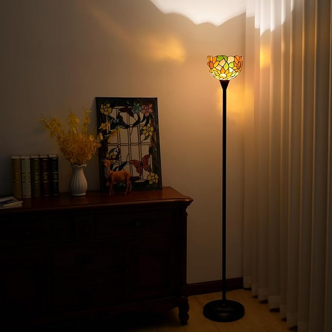 Tiffany Floor Lamp Tochiere Standing Lamp Yellow Sunflower Style Stained Glass Floor Light Vintage Tall Pole Uplight Corner Lamp with Foot Switch for Home Decor Living Room Bedroom