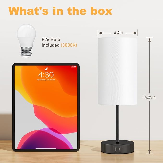 AKASUKI Table Lamp for Bedroom, 3 Way Dimmable Touch Lamp with Dual Charging Station, Small Bedside Lamps for Night Stands, Living Room, Office(LED Bulb Included)