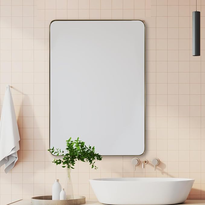 ANDY STAR Gold Bathroom Mirror for Wall, 20x28” Brushed Brass Metal Rounded