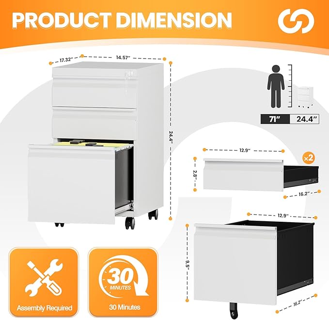 3 Drawer Mobile File Cabinet
