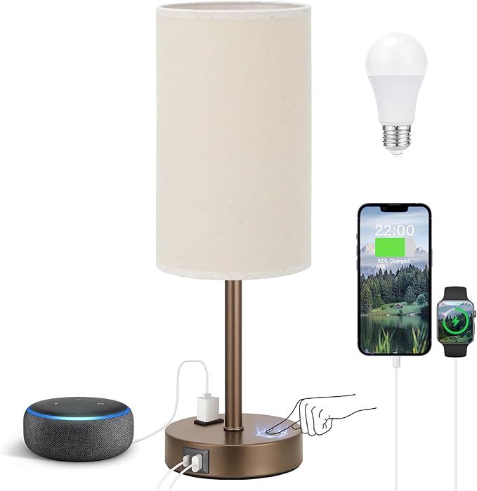 Fenmzee Touch Table Lamp - Beige, 3-Way Dimmable, USB A + C Charging, AC Outlet, 17.4inch Medium, Brown Metal Base