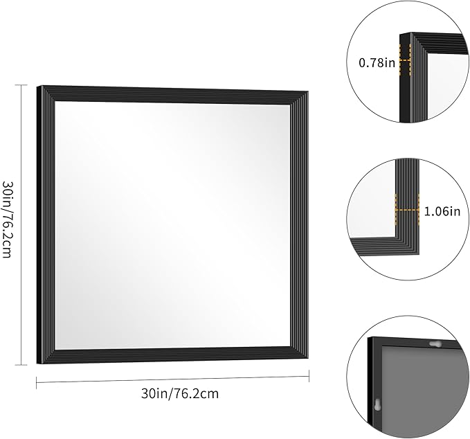 Black Bathroom Mirror 30 x 30 Inch Rectangle Wave Beveled