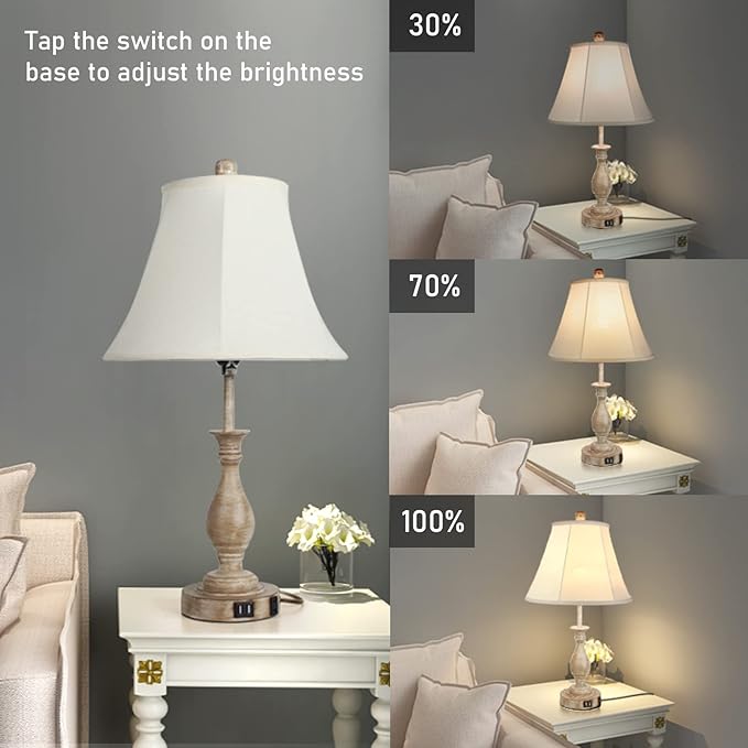 Farmhouse Table Lamp Touch Control 3-Way Dimmable Table Lamp, Modern Nightstand Lamp with 2 USB Port Bedside Desk Lamp with Fabric Shade for Living Room Bedroom Hotel (Pack 1-Beige Shade)