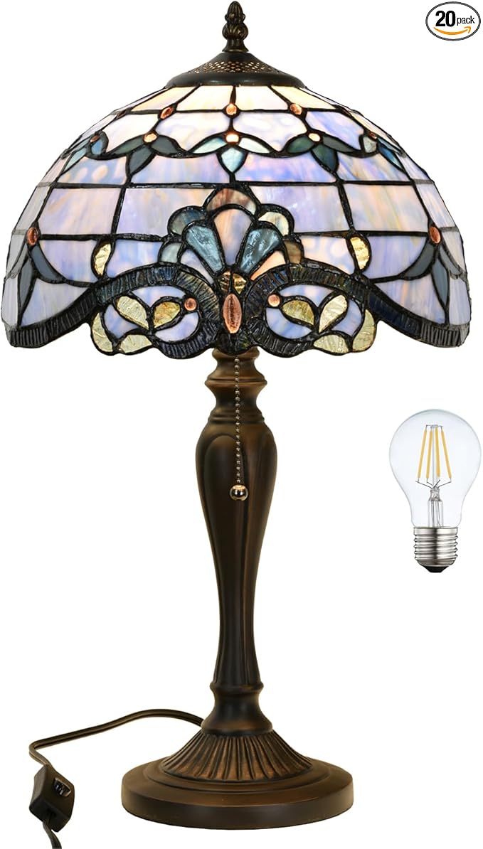 TL0015 Blue Baroque Tiffany Table Lamp Stained Glass Reading Desk Light 12 X 20 Inches for Bedroom Living Room, Handcrafted Artwork for Home Office, LED Bulb Included (Blue Baroque)