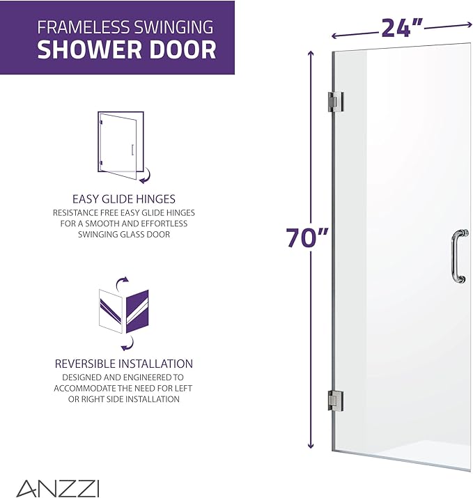 ANZZI 70" x 24" Frameless Shower Door in Brushed Nickel, Water Repellent Glass