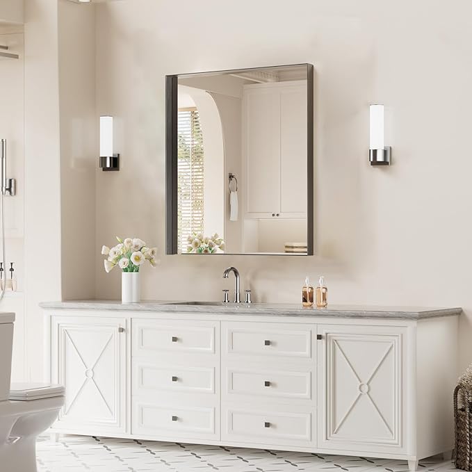 Koonmi 24x36 Inch Black Metal Framed Bathroom Mirror