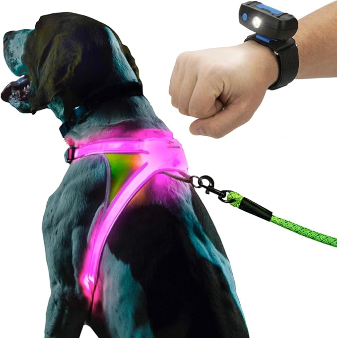 noxgear LightHound Light Up Reflective Dog Harness and Wrist Light, Medium | 360° Light Up Reflective Dog Harness, 8 Colors & 6 Modes, USB Rechargeable, Adjustable, Rainproof, LED Fiber Optic