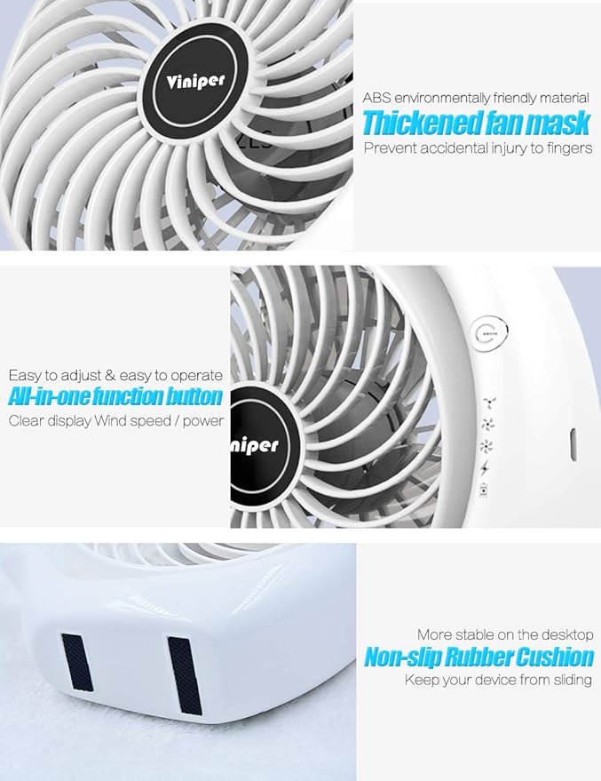 Viniper Portable Rechargeable Fan, Small Desk Fan : 3 Speeds & about 8-24 Hours