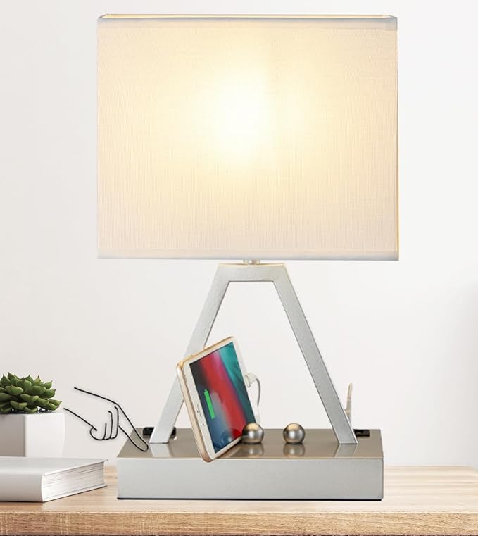 Briever Touch Control Table Lamp, 3-Way Dimmable Desk Lamp with USB C & A and AC Outlet, Bedside Lamp with Phone Stand and Fabric Shade for Bedroom, Living Room, Bulb Included, Silver